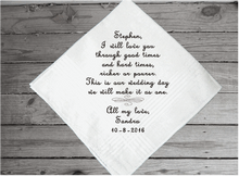 Load image into Gallery viewer, Husband to be gift - personalized monogram handkerchief for the groom from his bride to be - embroidered wedding party gift - cotton handkerchief has satin strips around the edges 16 in x 16 in - Borgmanns Creations - 4

