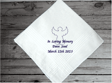 Load image into Gallery viewer, Remembrance handkerchief, a personalized white cotton handkerchief  a men&#39;s 16&quot;x16&quot; with satin strips around the edges embroidered with In Loving Memory with mane and date of death, for a special child or adult that has passed away. A nice way to remember a loved one family or friend.  Borgmanns Creations 1

