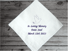 Load image into Gallery viewer, Remembrance handkerchief, a personalized white cotton handkerchief  has satin strips around the edges embroidered with &quot; In loving memory&quot;, name and date of death, for a special child or adult that has passed away. A nice way to remember a loved one family or friend, as our thoughts and prayers also go in remembrance of them. Borgmanns Creations  2
