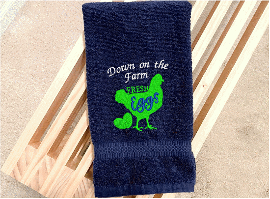 Blue hand towel -Farmhouse towel the saying "Down on the Farm" - embroidered chicken is the perfect gift for your home decor - premium soft and absorbent towel for a housewarming, birthday, country living decor, gift for mom, etc.  - Borgmanns Creations - 1