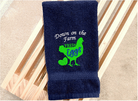 Blue hand towel -Farmhouse towel the saying "Down on the Farm" - embroidered chicken is the perfect gift for your home decor - premium soft and absorbent towel for a housewarming, birthday, country living decor, gift for mom, etc.  - Borgmanns Creations - 1