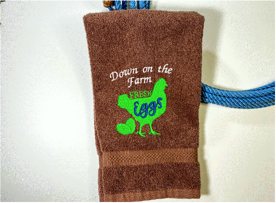 Brown hand towel - Farmhouse towel the saying "Down on the Farm" - embroidered chicken is the perfect gift for your home decor - premium soft and absorbent towel for a housewarming, birthday, country living decor, gift for mom, etc.  - Borgmanns Creations - 2
