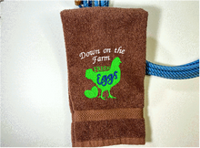 Load image into Gallery viewer, Brown hand towel - Farmhouse towel the saying &quot;Down on the Farm&quot; - embroidered chicken is the perfect gift for your home decor - premium soft and absorbent towel for a housewarming, birthday, country living decor, gift for mom, etc.  - Borgmanns Creations - 2
