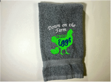 Load image into Gallery viewer, Gray hand towel - Farmhouse towel the saying &quot;Down on the Farm&quot; - embroidered chicken is the perfect gift for your home decor - premium soft and absorbent towel for a housewarming, birthday, country living decor, gift for mom, etc.  - Borgmanns Creations - 3
