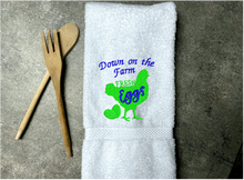 Load image into Gallery viewer, White hand towel - Farmhouse towel the saying &quot;Down on the Farm&quot; - embroidered chicken is the perfect gift for your home decor - premium soft and absorbent towel for a housewarming, birthday, country living decor, gift for mom, etc.  - Borgmanns Creations - 4

