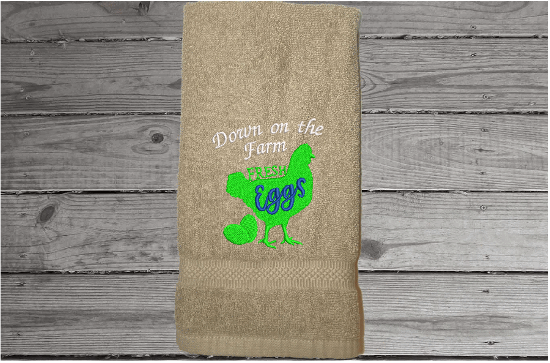 Beige hand towel - Farmhouse towel the saying "Down on the Farm" - embroidered chicken is the perfect gift for your home decor - premium soft and absorbent towel for a housewarming, birthday, country living decor, gift for mom, etc.  - Borgmanns Creations - 5