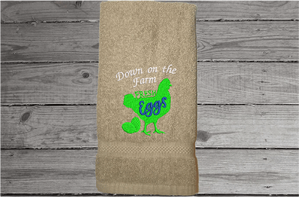 Beige hand towel - Farmhouse towel the saying "Down on the Farm" - embroidered chicken is the perfect gift for your home decor - premium soft and absorbent towel for a housewarming, birthday, country living decor, gift for mom, etc.  - Borgmanns Creations - 5