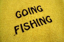 Load image into Gallery viewer, Yellow kitchen towel set - embroidered anchor and fish design for the kitchen - design is embroidered on both towels hand towel also has the words &quot;going fishing&quot; - the top of hanging towel is black quilted material with button - fisherman can keep it with fishing equipment - hand towel 13&quot; x 22&quot; - hanging towel 16 1/2&quot; x 13&quot; - Borgmanns Creations - 5
