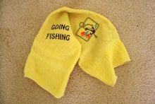 Load image into Gallery viewer, Yellow kitchen towel set - embroidered anchor and fish design for the kitchen - design is embroidered on both towels hand towel also has the words &quot;going fishing&quot; - the top of hanging towel is black quilted material with button - fisherman can keep it with fishing equipment - hand towel 13&quot; x 22&quot; - hanging towel 16 1/2&quot; x 13&quot; - Borgmanns Creations - 3
