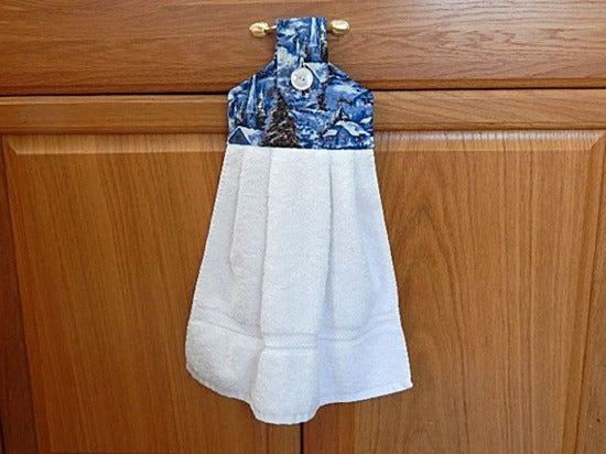 White kitchen hanging hand towel - terry towel with a Winter design for your kitchen holiday theme with white button - great for the bathroom to give that holiday feeling for your guests - cotton terry towel with cotton material for top  - loop to fasten to handle and button for fastening. 20 in by 15 in, - Borgmanns Creations - 1