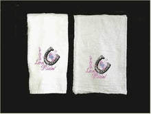Load image into Gallery viewer, Kitchen towel set with horseshoe design - embroidered gift for western kitchen decor - hang both in the kitchen or put the terry hand towel in the bathroom - wedding gift , anniversary gift -  house warming gift  terry towel 16&quot; x 30&quot; - tea towel flour sack 29&quot; x 29&quot; - Borgmanns Creations - 1
