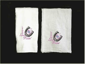 Kitchen towel set with horseshoe design - embroidered gift for western kitchen decor - hang both in the kitchen or put the terry hand towel in the bathroom - wedding gift , anniversary gift -  house warming gift  terry towel 16" x 30" - tea towel flour sack 29" x 29" - Borgmanns Creations - 1