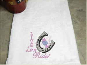 Kitchen towel set with horseshoe design - embroidered gift for western kitchen decor - hang both in the kitchen or put the terry hand towel in the bathroom - wedding gift , anniversary gift -  house warming gift  terry towel 16" x 30" - tea towel flour sack 29" x 29" - Borgmanns Creations - 2