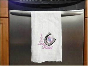 Kitchen towel set with horseshoe design - embroidered gift for western kitchen decor - hang both in the kitchen or put the terry hand towel in the bathroom - wedding gift , anniversary gift -  house warming gift  terry towel 16" x 30" - tea towel flour sack 29" x 29" - Borgmanns Creations - 3