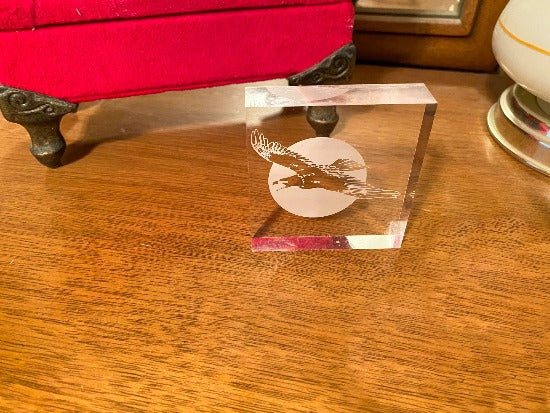 Laser engraved eagle etching - great gift for mom or dad - paper weight, birthday present, fathers day gift, special occasion, stocking stuffer, etc. - 3 inch x 3 inch 3/4 inch thick acrylic - free standing - Borgmanns Creations - 3