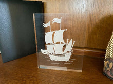 Load image into Gallery viewer, Laser engraved etching of an old ship - home decor nautical theme - acrylic art would make a great gift lake home decor, a wedding gift,  dad or husband as a birthday present, fathers day gift, special occasion etc. - 3/4 inch thick acrylic - 8 1/4 inch x 6 3/4 inch - free standing - Borgmanns Creations - 1
