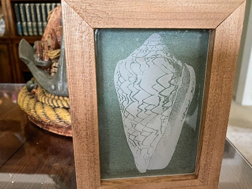 Laser engraved etching of a sea shell -  nautical gift for mom or wife for home decor - great decoration for the lake home or cottage - 1/2 inch thick acrylic,  5 inch x 6  3/4 inch - green acrylic background, framed in wood, free standing - Borgmanns Creations - 2