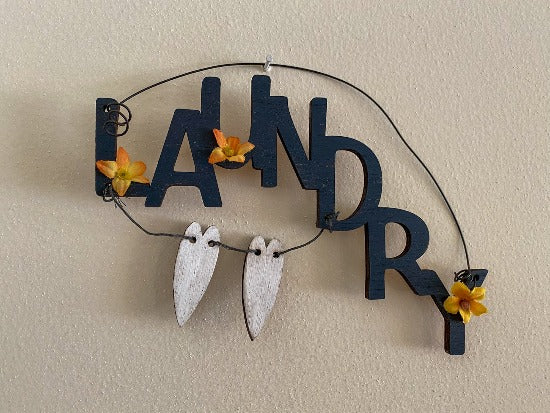 Rustic wood door sign, laser cut luan wood, acrylic paint,  layered wood, flowers, 7" H x 8" W x 1/4" D, hung by wire, gift for mom for the laundry room door, a cute one of a kind wall hanging not found in any store. As a gift for your home, housewarming idea for a friend - Borgmanns Creations 