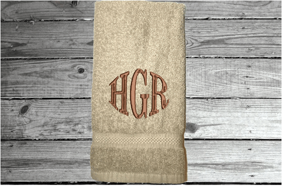 Beige hand towel personalized monogram wedding gift. Cotton terry towel soft and absorbent 16" x 27". Home decor gift for mom farmhouse decor bathroom or kitchen. Monogrammed Initials hand towel for the new couple, anniversary present for parents, housewarming gift for family or friends - Borgmanns Creations - 2