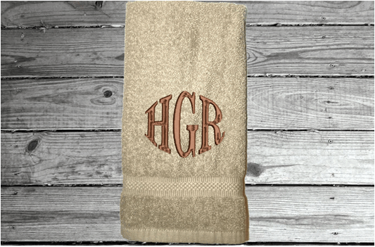 Beige hand towel personalized monogram wedding gift. Cotton terry towel soft and absorbent 16" x 27". Home decor gift for mom farmhouse decor bathroom or kitchen. Monogrammed Initials hand towel for the new couple, anniversary present for parents, housewarming gift for family or friends - Borgmanns Creations - 2