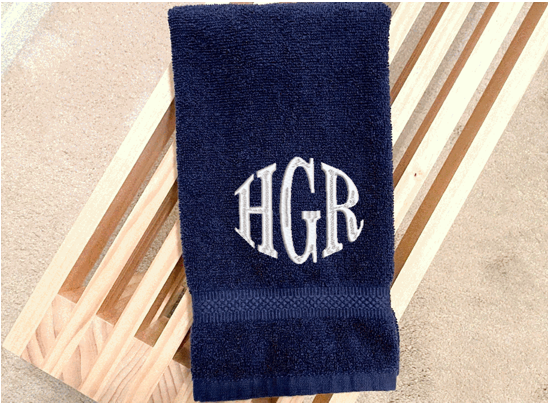 Blue hand towel personalized monogram wedding gift. Cotton terry towel soft and absorbent 16" x 27". Home decor gift for mom farmhouse decor bathroom or kitchen. Monogrammed Initials hand towel for the new couple, anniversary present for parents, housewarming gift for family or friends - Borgmanns Creations - 1