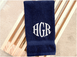 Blue hand towel personalized monogram wedding gift. Cotton terry towel soft and absorbent 16" x 27". Home decor gift for mom farmhouse decor bathroom or kitchen. Monogrammed Initials hand towel for the new couple, anniversary present for parents, housewarming gift for family or friends - Borgmanns Creations - 1