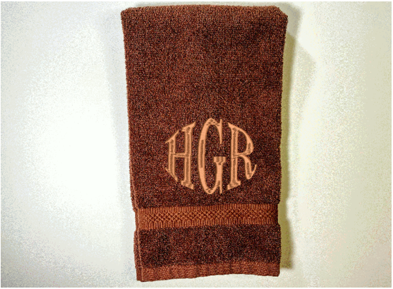 Brown hand towel personalized monogram wedding gift. Cotton terry towel soft and absorbent 16" x 27". Home decor gift for mom farmhouse decor bathroom or kitchen. Monogrammed Initials hand towel for the new couple, anniversary present for parents, housewarming gift for family or friends - Borgmanns Creations - 3