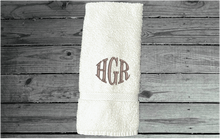 Load image into Gallery viewer, White hand towel personalized monogram wedding gift. Cotton terry towel soft and absorbent 16&quot; x 27&quot;. Home decor gift for mom farmhouse decor bathroom or kitchen. Monogrammed Initials hand towel for the new couple, anniversary present for parents, housewarming gift for family or friends - Borgmanns Creations - 4
