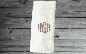 White hand towel personalized monogram wedding gift. Cotton terry towel soft and absorbent 16" x 27". Home decor gift for mom farmhouse decor bathroom or kitchen. Monogrammed Initials hand towel for the new couple, anniversary present for parents, housewarming gift for family or friends - Borgmanns Creations - 4