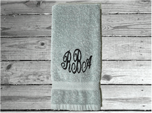Load image into Gallery viewer, Gray bathroom hand towel - monogram wedding shower gift - personalized soft cuddly gift - bathroom or kitchen decor - housewarming home decor - gift for friend or family - Borgmanns Creations 3
