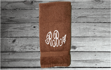 Load image into Gallery viewer, Brown bathroom hand towel - monogram wedding shower gift - personalized soft cuddly gift - bathroom or kitchen decor - housewarming home decor - gift for friend or family - Borgmanns Creations 5
