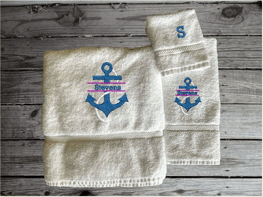 White bath towel set or individual towels, personalized name on anchor. This Luxury towel set of 3 towels 1 bath towel 27" x 50",1 hand towel 16" x 27", 1 washcloth 13" x 13". Perfect design for your home, lake home or as a gift for a friend. Premium soft and absorbent towels make a wonderful home decor gift for a friend.  - Borgmanns Creations - 1