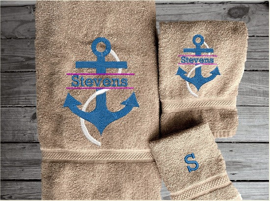 Beige bath towel set or individual towels, personalized name on anchor. This Luxury towel set of 3 towels 1 bath towel 27" x 50",1 hand towel 16" x 27", 1 washcloth 13" x 13". Perfect design for your home, lake home or as a gift for a friend. Premium soft and absorbent towels make a wonderful home decor gift for a friend.  - Borgmanns Creations - 2