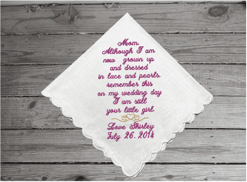 Mother of the bride personalized gift for mom - wedding handkerchief - embroidered gift for her - keepsake present that mom will treasure - wonderful remembrance of a special occasion - personalized monogram hankie - white cotton handkerchief, scalloped edges, 11