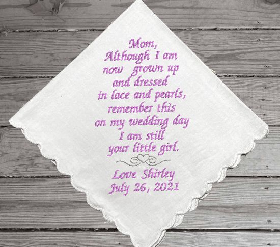 Mother of the bride wedding handkerchief a daughter can give her mom for her wedding gift - personalized custom embroidered handkerchief - keepsake she will cherish - white cotton handkerchief, scalloped edges, 11