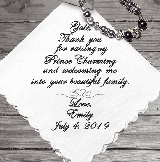White cotton wedding handkerchief, mother-in-law gift, Thank you for raising my Prince Charming and welcoming me into your beautiful family, from bride - Borgmanns Creations 
