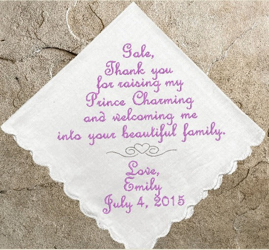 White cotton wedding handkerchief, mother-in-law gift, Thank you for raising my Prince Charming and welcoming me into your beautiful family, from bride - Borgmanns Creations 