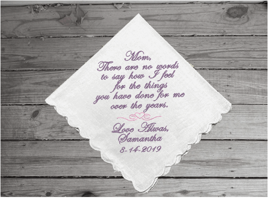 Wedding handkerchief mother of the bride, embroidered white cotton handkerchief, with scalloped edges, 11" x 11", will always be a cherished gift. This will make the perfect gift you are looking for. A daughter or son's loving thoughts to mom on her/his wedding day - Borgmanns Creations 
