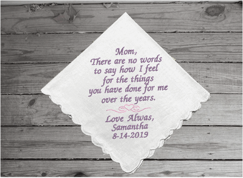 Wedding handkerchief mother of the bride, embroidered white cotton handkerchief, with scalloped edges, 11