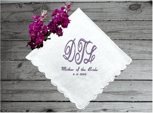 Personalized handkerchief - gift for mom embroidered initials on a white cotton handkerchief with  scalloped edges, 11 in x 11 in - as a bridal party gift from her daughter, cherished for all times - Borgmanns Creations 