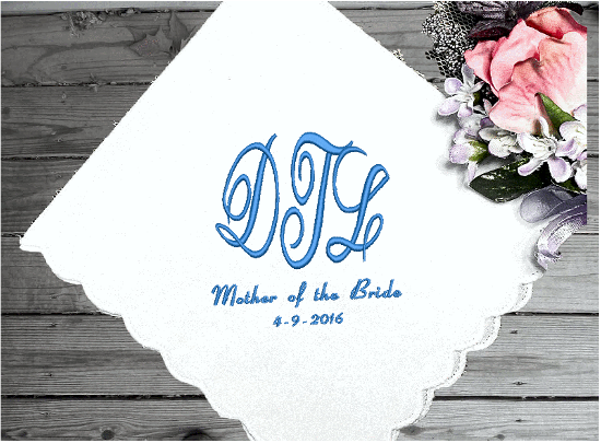 Personalized handkerchief - gift for mom embroidered initials on a white cotton handkerchief with  scalloped edges, 11 in x 11 in - as a bridal party gift from her daughter, cherished for all times - Borgmanns Creations 