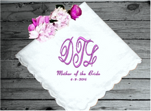 Load image into Gallery viewer, Personalized handkerchief - gift for mom embroidered initials on a white cotton handkerchief with  scalloped edges, 11 in x 11 in - as a bridal party gift from her daughter, cherished for all times - Borgmanns Creations 
