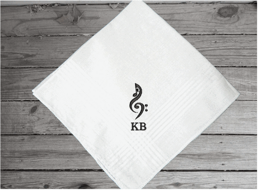 Musicians gift - embroidered design of music staff and initials, white cotton handkerchief, with satin strips around edge, 16" x 16", pick the color you want for embroidery - will make the perfect gift for the organist at your wedding. Make it a special gift for a man, father, uncle, brother-in-law, brother, grandfather or a musician. - Borgmanns Creations 