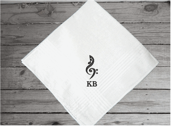 Musicians gift - embroidered design of music staff and initials, white cotton handkerchief, with satin strips around edge, 16