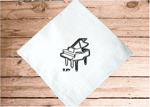 Load image into Gallery viewer, Personalized mans handkerchief custom embroidered piano design for a musical gift as a wedding, birthday, or bridal party gift - embroidered cotton handkerchief with satin strips 16&quot; x 16, &quot; - for a man, father, uncle, brother-in-law, brother, grandfather that loves to play a great musical instrument, the piano - Borgmanns Creations 
