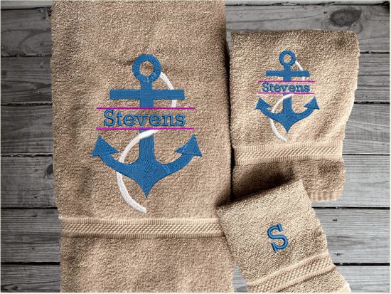 Bath towel set or individual towels, personalized name on anchor. This Luxury towel set of 3 towels 1 bath towel 27