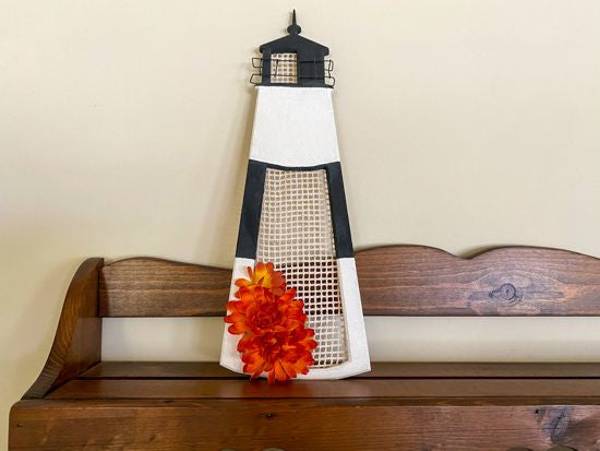 Wall art wood lighthouse wall hanging for the lake home decor, 1/2" MDF board, hand painted, with wire, material and flowers to accent design, 18" H x  61/4 " x  W 1/2" D, custom gift for the lighthouse collector - Borgmanns Creations 