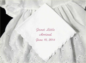 Birth announcement hankie new born arrival a gift for family members that could not be close when baby arrived. A keepsake hankie for grandparents of that wonderful day. White cotton handkerchief with scalloped edges - Borgmanns Creations