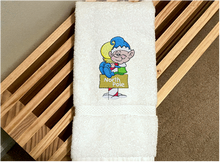Load image into Gallery viewer, White Hand Towel - North Pole Christmas hand towel embroidered design of a pixie gift for mom - Christmas decoration for her bathroom decor or kitchen decor, for the holidays - terry towel soft and absorbent 16&quot; x 30&quot; -  gift for a friend, personalized new home gift  -Borgmanns Creations 
