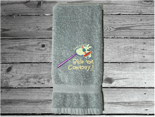 Load image into Gallery viewer, Gray hand towel 16&quot; x 27&quot; embroiderred stick horse with saying ride&#39;em cowboy. You can personalize it with a name for a baby shower. Borgmanns Creations - 6
